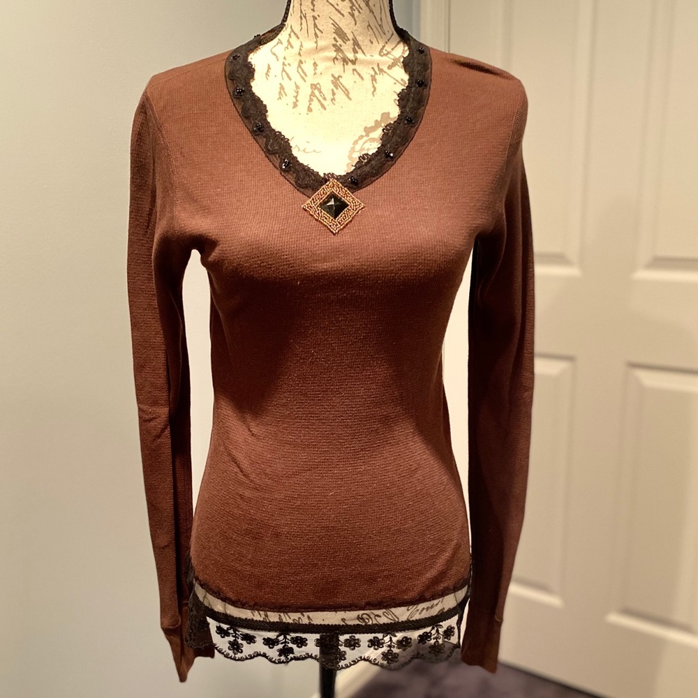 Boutique Brand Brown Thermal Top with Lace Trim 2